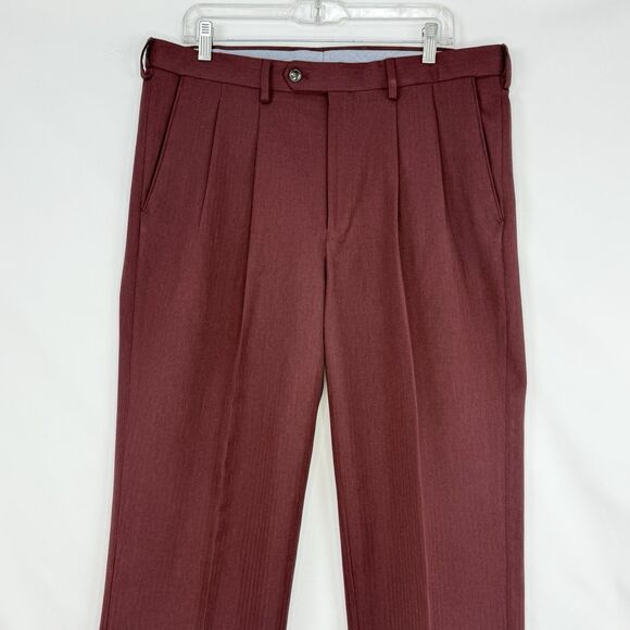 Paul Frederick Men’s 36x28 Red Burgundy Pleated Dress Pants Cuffed Expandable - Picture 1 of 16